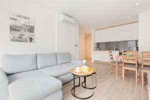 Apartament Żeromskiego 23A/7, widok na salon z aneksem kuchennym