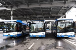 Trzy autobusy Solaris z napisami Gdyńska Komunikacja Miejska
