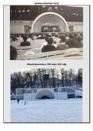 Fotografię przedstawiające widok na Muszlę Koncertową w 1986 r. i dziś