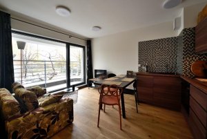 Apartament Blue Side, widok na salon z aneksem kuchennym i balkonem