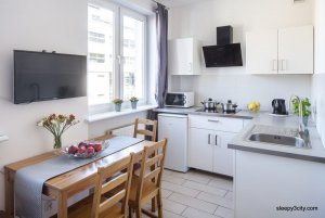 Jeden z apartamentów Sleepy3city, salon z aneksem kuchennym