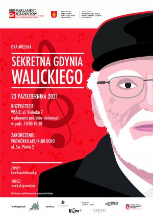 Na czerwonym tle, po prawej stronie rysunkowa postać Franciszka Walickiego. Biały napis "Sekretna Gdynia Walickiego"