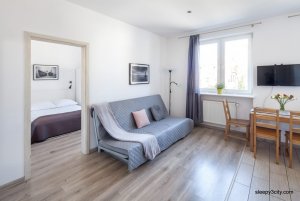 Jeden z apartamentów Sleepy3city, salon z aneksem kuchennym