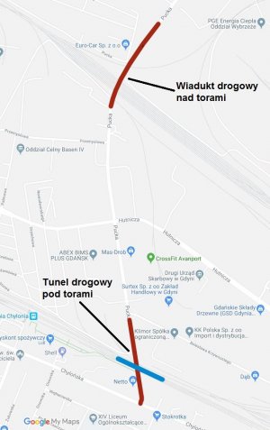 Tunel i wiadukt w ciągu ulicy Puckiej - lokalizacje, grafika UM Gdyni