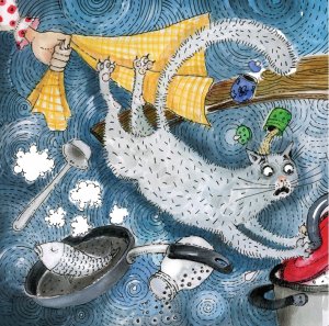 Na rysunku biały przestraszony kot, uciekający w rozgardiaszu kuchennym przed ręką, która przepędza go ściereczką. Wokół patelnia z rybą, buchająca para wodna, kuchenne przybory.