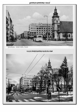 Fotografię przedstawiające widok na ulicę Świętojańską w latach 30. XX wieku i dziś