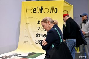 Uczestnicy wernisażu wystawy &bdquo;Gen 100 &ndash; gdyński kod wsp&oacute;lnoty&rdquo; oglądający ekspozycję w Muzeum Emigracji