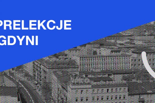 Plakat z czarno-białym zdjęciem Gdyni promujacy spacery i prelekcje o historii Gdyni.