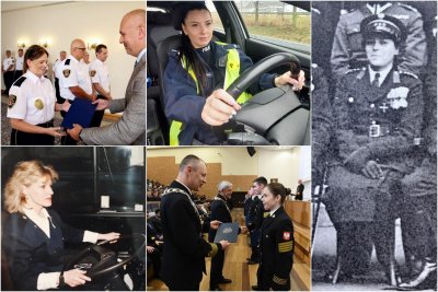 Kolaż pięciu zdjęć kobiet w pracy w Gdyni. Zdjęcie policjantki prowadzącej radiowóz, archiwalne zdjęcie kobiety za kierownicą autobusu, bardzo stara fotografia przedwojennej policjantki z Gdyni w mundurze, zdjęcie strażniczki miejskiej odbierającej awans w Urzędzie Stanu Cywilnego oraz zdjęcie absolwentki AMW w Gdyni odbierającej dyplom na scenie