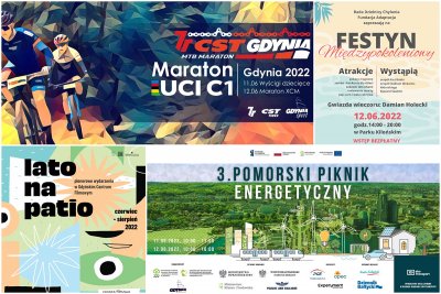 collage weekendowych atrakcji: grafika z rowerzystami, plakat z napisem 