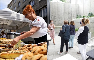 Kolaż zdjęć. Po lewej: jedno ze stoisk, które można było odwiedzić podczas festiwalu „Kulinarna Świętojańska” (fot. kamil Złoch). Po prawej: jeden ze spacerów z cyklu „Gdynia o 10” (fot. facebook.com/gdynskaradaturystyczna)