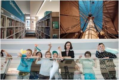 Kolaż (od lewej, u góry): wnętrze Biblioteki Gdynia, fot. Dariusza Wojtały, laureata II nagroda w konkursie Legenda Morska w Obiektywie w 2020 r. i  spotkanie w Muzeum Emigracji // mat. prasowe