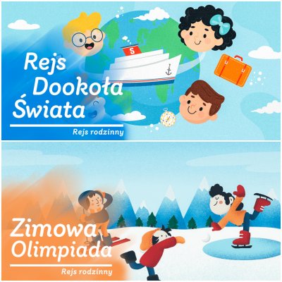Połączone dwie grafiki promujące rejsy Stena Line. U góry: dzieci z kulą ziemską i napis Rejs dookoła świata, na dole: dzieci na lodowisku i napis Zimowa olimpiada. Mat. SL