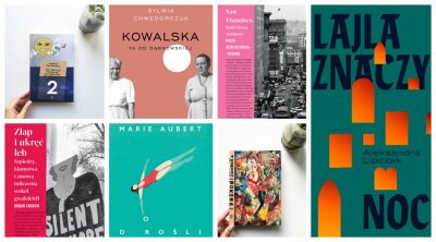 Nowości w Bibliotece Gdynia. Kolaż okładek, od lewego górnego rogu zgodnie z zegarem: Dorota Masłowska „Jak przejąć kontrolę nad światem 2”, Sylwia Chwedorczuk „Kowalska. Ta od Dąbrowskiej”, Magda Działoszyńska-Kossow „San Francisco. Dziki brzeg wolności”, Aleksandra Lipczak „Lajla znaczy noc”, Szczepan Twardoch „Pokora”, Marie Aubert, „Dorośli”, Ronan Farrow, „Złap i ukręć łeb. Szpiedzy, kłamstwa i zmowa milczenia wokół gwałcicieli” 