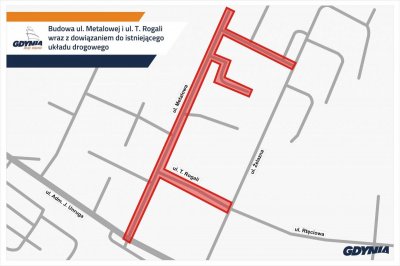 Mapa dzielnicy Pogórze, na czerwono zaznaczony zakres realizacji inwestycji: ul. Metalowa i Rogali / mat. #dzielnicewGdyni