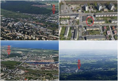 Kolaż 4 zdjęć lotniczych Gdyni z zaznaczonymi na czerwono nieruchomościami na sprzedaż