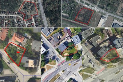 Kolaż pięciu fragmentów mapy Gdyni z lotu ptaka z zaznaczonymi czerwonym konturem działkami na sprzedaż