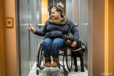 Marta Czachor na wózku, przy wózku czarny pies asystujący - labrador. Są w windzie w budynku. Marta naciska przycisk