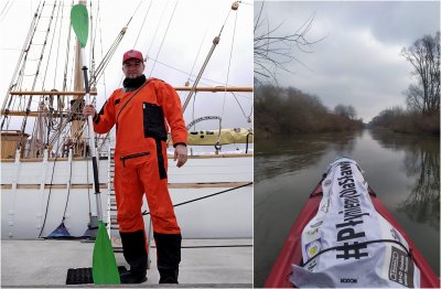 Po lewej stronie Szymon Machnowski z wiosłami w rękach, po prawej stronie zdjęcie wykonane telefonem, widoczny przód kajaka i rzeka.