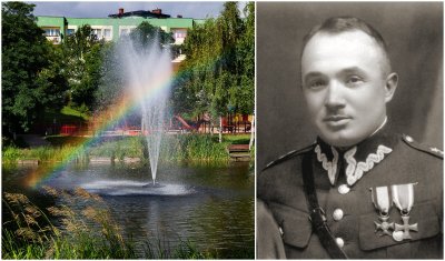 po lewej staw przy Skwerze im. I.Kwiatkowskiej, po lewej zdjęcie pułkownika Stanisława Dąbka