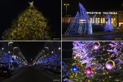 Na placach i skwerach pojawią się znane i lubiane biało-niebieskie żagle, a szpalery drzew wzdłuż ulicy Świętojańskiej i Starowiejskiej rozbłysną niebieskimi światełkami. // Zdjęcia miejskich iluminacji z 2020 roku, fot. Michał Puszczewicz.