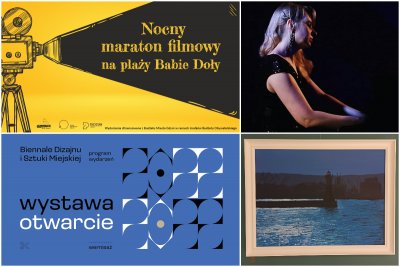 Kolaż zdjęć, od lewego górnego zgodnie z zegarem: Nocny maraton filmowy na plaży Babie Doły; Jazz Jam Session: Aleksandra Mońko-Allen w Blues Club Gdynia; spotkanie autorskie na wystawie Ludzie / Miasto / Port w Galerii Klif; wernisaż Biennale Dizajnu i Sztuki Miejskiej 2022 w Traffic Design. Źródło: materiały organizatorów