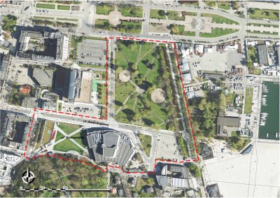 Mapa fragmentu Gdyni-Śródmieścia z zaznaczonym czerwoną, przerywaną linią obszarem planistycznym. Obejmuje m.in. Park Rady Europy i plac Grunwaldzki