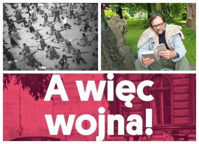 Depesza kulturalna - od lewego górnego rogu zgodnie z zegarem: grupa Żydów podczas gimnastyki, fot. Z'ev Aleksandrowicz; Grzegorz Wolf czyta w Parku Kolibki Olgę Tokarczuk, kadr z filmu; plakat filmu dokumentalnego 