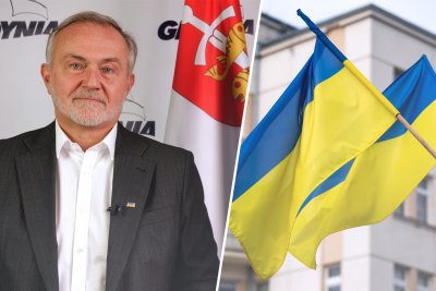 collage zdjęć, po prawej stronie łagodnie uśmiechający się mężczyzna w geście dodającym otuchy, po prawej stronie flagi Ukrainy na tle jasnego budynku