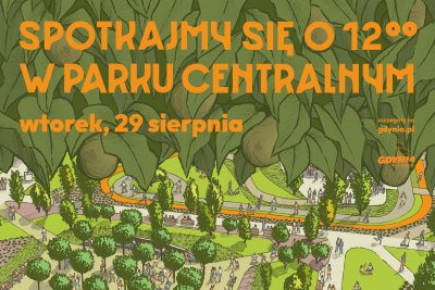 Zielony baner promujący otwarcie parku centralnego. Widoczny rysunek parku, alejki, drzewa, ludzie, pomarańczowe napisy, na górze rysunkowe liście