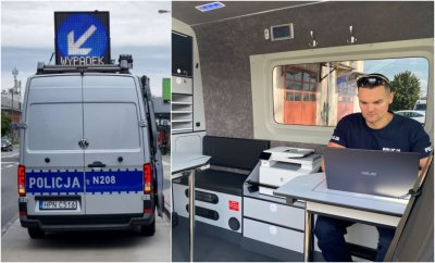 Dwa zdjęcia. Po lewej tył radiowozu - busa, na dachu znak ze strzałką na niebieskim tle i napisem Wypadek. Po prawej wnętrze radiowozu-busa, policjant w mundurze siedzi przy stoliku z laptopem.