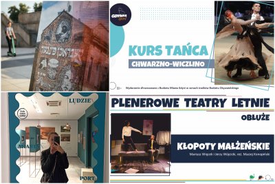 Kolaż zdjęć, od lewego górnego zgodnie z zegarem: Żydzi w Gdyni - spacer architektoniczny; kurs tańca na Chwarznie-Wiczlinie; spektakl 