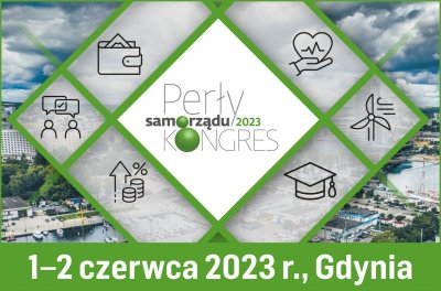 Plansza graficzna, logotyp Perły Samorządu na zielonym tle, trójkątne wzory, w tle zdjęcia Gdyni, ikony