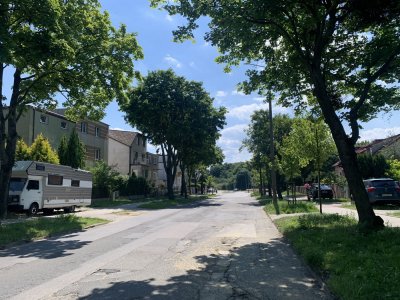 ulica ze zniszczoną nawierzchnią, w tle zieleń i budynki