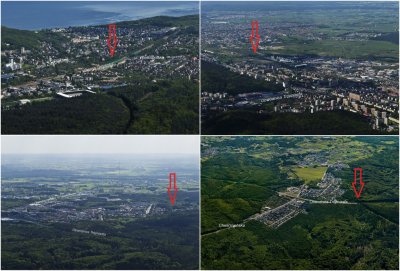 Kolaż 4 ujęć lotniczych działek wystawionych na sprzedaż: widoczne fragmenty Gdyni z lokalizacjami zaznaczonymi czerwonymi strzałkami