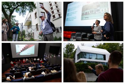 Weekend Architektury 2020, dzień drugi. Od lewego górnego zgodnie z zegarem: Jarosław Kaczmarczyk,archi-spacer Przedwojenna Lipowa; Ewa Rombalska i Patrycja Jastrzębska z Instytutu Architektury i Urbanistyki; Zbiegniew Reszka, Archi Spacer z Architektami; Archi Debata. Fot. Przemysław Kozłowski