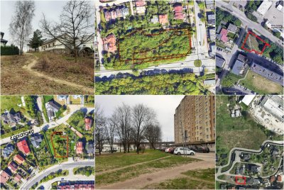 Sześć fragmentów map, wizualizacji i dwa zdjęcia niezabudowanych terenów w Gdyni na sprzedaż