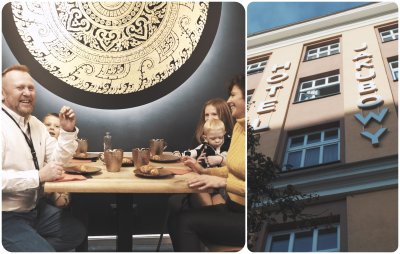 Kolaż zdjęć. Na fotografii po lewej: rodzina państwa Kamrowskich siedzi przy stole. Na zdjęciu po prawej: fasada budynku, w którym mieści się Hotel Jakubowy // materiały Gdyńskiego Centrum Wspierania Przedsiębiorczości