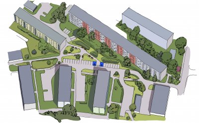 Wizja nowego zagospodarowania placu przy blokach Nauczycielska 4, Widna 3, Chwarznieńska 4, 6 i 8 na Witominie // mat. Laboratorium Innowacji Społecznych