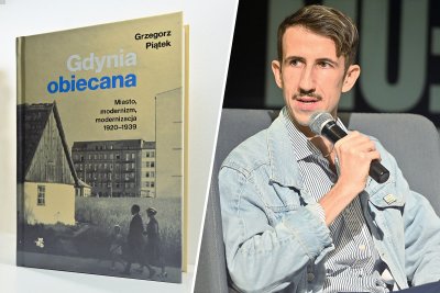 Na zdj. Grzegorz Piątek (z prawej) i okładka książki „Gdynia obiecana. Miasto, modernizm, modernizacja 1920-1939” (z lewej) // fot. Michał Puszczewicz