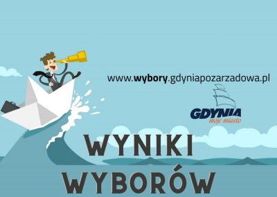 Grafika informująca o wynikach wyborów. Napisy na grafice: www.wybory.gdyniapozarzadowa.pl i 