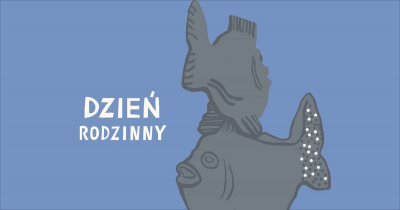 Grafika z gdyńskimi rybkami informująca o wydarzeniu w Muzeum Miasta Gdyni: Dzień Rodzinny. Rybki są w kolorze szarym, tło obrazka niebieskie // grafika MMG