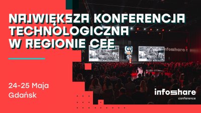 Plansza promocyjna Infoshare 2023, zdjęcie sali z publicznością, podświetloną sceną, mówca na scenie, wyświetlacze, z lewej strony czerwona nakładka z napisami