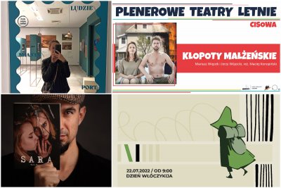 Kolaż zdjęć od lewego górnego zgodnie z zegarem: Czwartek z przewodnikiem Muzeum Miasta Gdyni w Galerii Klif; spektakl 
