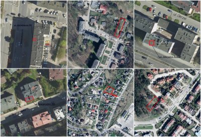 Kolaż z sześciu fragmentów map Gdyni z zaznaczonymi lokalami na wynajem i działkami na sprzedaż