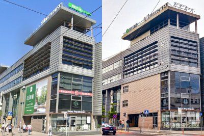 Na zdjęciu (od lewej): fasada centrum handlowego Kwiatkowski przed wprowadzeniem uchwały krajobrazowej, następnie zdjęcie ukazujące elewację budynku po demontażu reklam (fot. Biuro Plastyka Miasta)