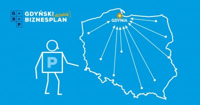 Grafika promująca konkurs Gdyński Biznesplan. Niebieskie tło, mapa Polski ze strzałkami skierowanymi w stronę Gdyni. Obok rysunek człowieka z literą P na tułowiu