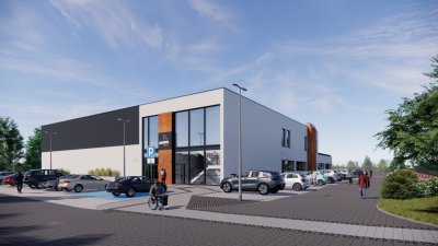 Projekt budynku krytej pływalni, widok od frontu (wyk. Primes Sp. z o.o.)