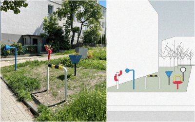 Kolaż: po lewej zdjęcie trawnika z instalacją artystyczną, po prawej zrzut ekranu z prezentacją koncepcji projektantów