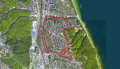 Rejon objęty planem (ortofotomapa, mat. Biura Planowania Przestrzennego Miasta Gdyni)